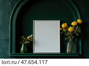 Blank Greeting Card, Invitation Mockup. Front view Yellow Flowers in Vase, Modern Green Wall, Boho Paper Mock Up on Table. Copy Space. Minimal Business Brand Template. Soft Shadow Nordic Flier Design. Стоковое AI-изображение, AI-художник Марина Демидюк / Фотобанк Лори