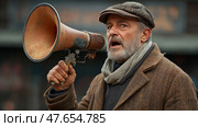 Attention Grab: Man with Megaphone Announcing News in a Vintage Fashion. Стоковое AI-изображение, AI-художник Данила Большаков / Фотобанк Лори