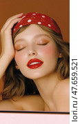 Young woman in polka-dot red headscarf with classic red lips and natural makeup, channeling vintage summer vibes. Dreamy portrait of a stylish woman with soft blush tones and glossy lips. Стоковое AI-изображение, AI-художник Мария Фадеева / Фотобанк Лори