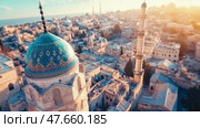 Azerbaijan architecture: close-up shot of the Juma Mosque with city behind, Azerbaijan. Стоковое AI-изображение, AI-художник Данила Большаков / Фотобанк Лори