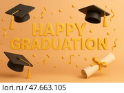 Celebrate Graduation With Festive Caps and a Diploma on a Vibrant Orange Background. Стоковое AI-изображение, AI-художник Юлия Гапеенко / Фотобанк Лори