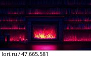 Cozy Night In: Home interior featuring a crackling fireplace in a room with bookshelves and candlelight, creating a warm and inviting ambiance. Стоковое AI-изображение, AI-художник Данила Большаков / Фотобанк Лори