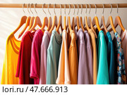 Wooden hangers with clothes on the rail in the store with women's clothing for sale. Shirt, dress, jacket, blouse. Flea market, second hand, discount, exchange, donation. Стоковое AI-изображение, AI-художник Оксана Гильман / Фотобанк Лори