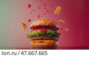 Delicious fast food burger with fresh ingredients and vibrant toppings. Вкусный бургер, фастфуд со свежими ингредиентами и яркими начинками. Стоковое AI-изображение, AI-художник Katsiaryna Repich / Фотобанк Лори
