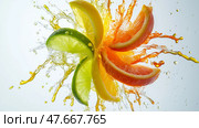 Citrus fruits create a vibrant splash in a dynamic water display. Цитрусовые фрукты создают яркие брызги в динамичном водном дисплее. Стоковое AI-изображение, AI-художник Katsiaryna Repich / Фотобанк Лори