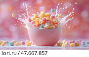 Colorful cereal splashes into a bowl of milk creating a fun breakfast moment. Разноцветные хлопья разлетаются в миске с молоком, создавая забавный момент завтрака. Стоковое AI-изображение, AI-художник Katsiaryna Repich / Фотобанк Лори