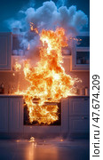 Kitchen Inferno: Culinary Catastrophe with Flames Engulfing Appliance, Emergency Hazard, Home Safety Illustration. Стоковое AI-изображение, AI-художник Данила Большаков / Фотобанк Лори