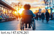 Sunset Serenity: Person in Wheelchair Contemplates Cityscape, Emblematic of Hope & Acceptance. Стоковое AI-изображение, AI-художник Данила Большаков / Фотобанк Лори