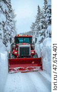 Winter Road Clearing: Heavy-Duty Red Snowplow Truck Removing Snow from a Forest Road after a Heavy Snowfall. Стоковое AI-изображение, AI-художник Данила Большаков / Фотобанк Лори
