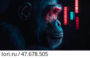 Cyberpunk Primate: A neon-lit portrait of a Chimpanzee in profile, gazing at abstract tech display, exploring themes of evolution and technology, conceptual art. Стоковое AI-изображение, AI-художник Данила Большаков / Фотобанк Лори