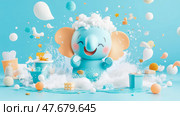 Concept: Bubble Bath Fun. Functional: Promotion poster. An adorable, stylized elephant enjoying a playful moment in a bubbly, splashy bath. Стоковое AI-изображение, AI-художник Данила Большаков / Фотобанк Лори