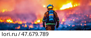 Heroic Firefighter Against Infernal Blaze: A Brave Soul's Battle Against the Flames, Ready to Serve, Protect, and Save Lives. Стоковое AI-изображение, AI-художник Данила Большаков / Фотобанк Лори