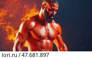 Muscular man endures fiery trials, showcasing strength, passion, and determination in dramatic, intense portraits. Стоковое AI-видео, аниматор Данила Большаков / Фотобанк Лори