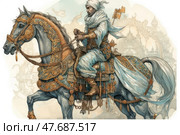 A fantasy-style illustration of a majestic rider in oriental attire riding a magnificently decorated horse. The warrior is dressed in luxurious white and blue robes with gold elements, his face expressing determination and strength. The horse, no less graceful, is decorated with richly inlaid harness with oriental ornaments. The background is done in pastel colors with architectural elements reminiscent of palaces or ancient cities. The image creates an atmosphere of a fairy tale, legend or historical epic. Стоковое AI-изображение, AI-художник Анна Кривицкая / Фотобанк Лори