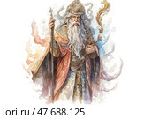 An illustration in the style of watercolor painting depicts a wise old man with a long gray beard in a richly decorated robe and crown. In one hand he holds a staff, in the other - a pen and keys. The image is imbued with the spirit of magic, legends and ancient wisdom. The fantastic atmosphere and detail of the costume create a sense of a fairy tale and myth. Ideal for decorating fantasy books, board games, Tarot cards, as well as on the theme of magic and stories. Стоковое AI-изображение, AI-художник Анна Кривицкая / Фотобанк Лори