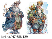 A fairy tale style illustration depicting two colorful old men in rich and ornate costumes. One is dressed in blue and brown clothes with an intricate pattern, the other in a green and blue outfit with decorative elements, including fruits and plants on the shoulders. Their images resemble characters from old Russian fairy tales, wizards or good forest spirits. The illustration is done in watercolor with many decorative details. Perfect for children's books, fantasy design or themed design. Стоковое AI-изображение, AI-художник Анна Кривицкая / Фотобанк Лори