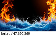 Elemental dance fire and water contrast. Стоковое AI-изображение, AI-художник Андрей Бакусов / Фотобанк Лори