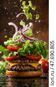 Cinematic slowmotion burger assembly. Стоковое AI-изображение, AI-художник Андрей Бакусов / Фотобанк Лори