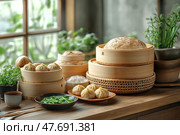 A delicious composition of a traditional Asian lunch, including steamed dumplings (dim sum or xiaolongbao) cooked in bamboo steamers. Plates of greenery, a cup of tea, fresh herbs and steaming lids are arranged on a wooden surface - all this against the backdrop of soft natural light and greenery by the window. A perfect photo for culinary topics, oriental culture, healthy eating and food blogs. Стоковое AI-изображение, AI-художник Анна Кривицкая / Фотобанк Лори