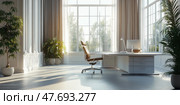 Modern bright office interior with large panoramic windows and minimalist furniture. Spacious workspace with an elegant white table, office chair and computer. Soft natural lighting and green indoor plants create an atmosphere of coziness and productivity. The interior is decorated in Scandinavian style with neoclassical elements, emphasizing prestige and tranquility. Стоковое AI-изображение, AI-художник Анна Кривицкая / Фотобанк Лори