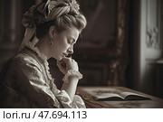 Elegant woman in 18th-century attire sits thoughtfully at a table with an open book. The scene evokes a sense of quiet reflection and focus. The richly decorated interior and soft lighting highlight the refinement and grace. Perfect for themes of history, classical literature, art, culture, and femininity. Стоковое AI-изображение, AI-художник Анна Кривицкая / Фотобанк Лори