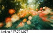 Beautiful blooming flowers create a vibrant garden atmosphere in daylight. Красочные цветы в саду вибрируют при ярком дневном свете, создавая живую и динамичную атмосферу. Эффект размытия добавляет ощущение движения к безмятежной природной обстановке. Стоковое AI-изображение, AI-художник Katsiaryna Repich / Фотобанк Лори