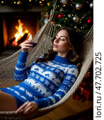 Beautiful girl with a glass of wine relaxing in a hammock. Стоковое AI-изображение, AI-художник Сергей Елизарьев / Фотобанк Лори