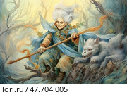 A charismatic elderly sorceress with white flowing hair, sitting on a snag in a magical forest. In her hands she holds a long wooden staff, and next to her is her mythical companion - a snow-white beast, reminiscent of a mixture of a wolf and a cat, with sharp teeth and a magical look. The illustration is full of movement, mysticism and ancient power. Ideal for themes: fantasy, magic, witches, fairy-tale creatures, illustrations for books and role-playing games. Стоковое AI-изображение, AI-художник Анна Кривицкая / Фотобанк Лори