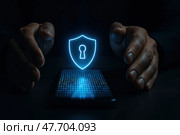 Кибербезопасность. Руки защищают телефон с голограммой щита и замка, символизирующей безопасность данных. Стоковое AI-изображение, AI-художник Башкирова Анна / Фотобанк Лори