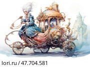 A watercolour fantasy illustration of an eccentric lady with white hair, dressed in a luxurious 18th century blue dress, driving a magical carriage. The carriage is decorated with ornate elements, gilding and fairy-tale details, giving it a magical and slightly surreal look. In the background, you can guess the silhouette of an ancient castle in a misty haze. The style of the image resembles a combination of baroque and steampunk with a touch of fairy tale. Ideal for children's books, fairy tales, covers or fantasy projects. Стоковое AI-изображение, AI-художник Анна Кривицкая / Фотобанк Лори