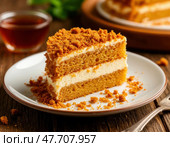 A slice of cake with a crumbly topping sits on a white plate. Стоковое AI-изображение, AI-художник Ярославский Максим / Фотобанк Лори