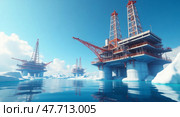 Arctic oil rigs in a surreal landscape. Стоковое AI-изображение, AI-художник Андрей Бакусов / Фотобанк Лори