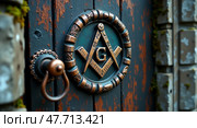 Mystical ancient castle door with masonic symbol. Стоковое AI-изображение, AI-художник Андрей Бакусов / Фотобанк Лори
