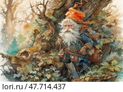 A fairytale old man with a long gray beard, dressed in bright clothes and a pointed hat, is depicted in the wilderness of the forest against the backdrop of massive trees and dense foliage. In one hand he holds a staff, in the other - an axe, on his shoulder hangs a leather bag with straps. The artistic illustration is made in watercolor technique, conveying the magical atmosphere of adventure, magic and ancient legends. Ideal for book covers, board games, fantasy content and children's stories. Стоковое AI-изображение, AI-художник Анна Кривицкая / Фотобанк Лори