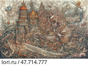 A fantastic illustration in the style of detailed graphics, depicting a mythical underwater kingdom. In the center of the composition is a majestic palace with domes and towers, surrounded by many sea creatures, algae, corals and stylized waves. The color palette is maintained in muted tones with a predominance of blue, orange and gray shades. The illustration amazes with the complexity of lines and interweaving, creating an atmosphere of a fairy tale, mystery and deep worlds. Стоковое AI-изображение, AI-художник Анна Кривицкая / Фотобанк Лори