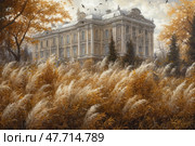 An atmospheric autumn landscape with a majestic old palace in the background. The architecture of the building is classical with exquisite details and columns. In front of the building there are thickets of golden and reddish grasses, creating a feeling of solitude and abandonment. Autumn trees frame the scene, adding a warm palette of ochre and terracotta. Birds fly over the palace, giving the scene a touch of romantic melancholy. Perfect for themes: history, architecture, autumn, travel, heritage, art. Стоковое AI-изображение, AI-художник Анна Кривицкая / Фотобанк Лори