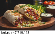 Shawarma on a wooden tray. Shawarma, gyro, fresh roll of lavash, doner kebab with steam. Beef, pickled cucumber, carrot. Served on wooden plate. Traditional Eastern oriental snack, street food menu. Стоковое AI-видео, аниматор Ирина Михайличенко / Фотобанк Лори
