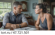 Serious couple discussing important documents at home. Стоковое AI-видео, аниматор Юрий Поздников / Фотобанк Лори