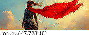 Concept: Defiance, a warrior woman looks to the horizon with determination, cape billowing. Стоковое AI-изображение, AI-художник Данила Большаков / Фотобанк Лори