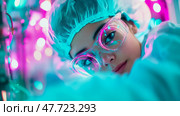 Laboratory Research: Woman in Protective Gear Examining Specimens, Science and Healthcare. Стоковое AI-изображение, AI-художник Данила Большаков / Фотобанк Лори