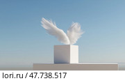 Minimalist white gift box with feathered wings floating in sky. dreamy concept of freedom, soul, and giving. Минималистская белая подарочная коробка с парящими в небе крыльями. Концепция свободы, души и дарения. Стоковое AI-изображение, AI-художник Katsiaryna Repich / Фотобанк Лори