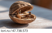 A creative miniature workspace inside a walnut shell with a laptop. Креативное миниатюрное рабочее место в скорлупе грецкого ореха с ноутбуком. Стоковое AI-изображение, AI-художник Katsiaryna Repich / Фотобанк Лори