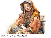 A young woman in traditional folk clothing sitting on a bench. Her image is conveyed in watercolor technique with soft shades of ochre, terracotta, blue and beige. The girl is dressed in a long fluffy skirt with a floral pattern, a warm scarf on her head and a loose caftan. Her face expresses calm and a slight smile, and her gaze is directed directly at the viewer. The painting conveys an atmosphere of coziness, village life, femininity and ethnic aesthetics. Стоковое AI-изображение, AI-художник Анна Кривицкая / Фотобанк Лори