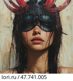 An artistic portrait of a young woman with expressive lips and a mask on her face. The mask is black, textured, and on her head are red horn-like elements, giving the image a mystical and slightly provocative character. The hair is wet, drops of scarlet paint (or symbolic "blood") flow down her face. The painting is made in the technique of imitation oil painting with a thick textured brush. The atmosphere is mysterious, dramatic, with elements of dark aesthetics and symbolism. Стоковое AI-изображение, AI-художник Анна Кривицкая / Фотобанк Лори