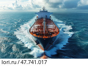 A powerful oil tanker (or cargo ship) moves through the vast ocean, cutting through the waves at high speed. The shot is taken from above, from the front, emphasizing the scale of the vessel and its impressive presence against the backdrop of the vast sea. Elements of pipelines, hatches and equipment are visible on the deck. Bright lighting, rich shades of blue and red create a contrasting and dynamic picture. Clouds and the ship's wake enhance the feeling of movement and power. Стоковое AI-изображение, AI-художник Анна Кривицкая / Фотобанк Лори