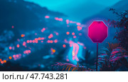 Neon Road Alert: An Octagonal Caution Amidst City Lights and Lush Flora at Dusk. Стоковое AI-изображение, AI-художник Данила Большаков / Фотобанк Лори