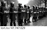 Riot police standing in formation on cobblestone street. Стоковое AI-изображение, AI-художник Андрей Бакусов / Фотобанк Лори