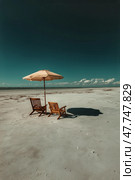 Relaxing Chairs Under a Sunshade on a Serene Beach Landscape With Clear Sky. Стоковое AI-изображение, AI-художник Юлия Гапеенко / Фотобанк Лори