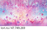 Cube Rain: ethereal panorama with prismatic pink cubes falling above a pastel dreamscape. Стоковое AI-изображение, AI-художник Данила Большаков / Фотобанк Лори