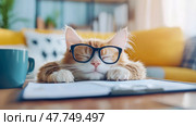 A Naptime Break: Smart Orange Tabby Cat Snoozing with Glasses on a Clipboard near a Cup of Tea, Rest after Work. Стоковое AI-изображение, AI-художник Данила Большаков / Фотобанк Лори